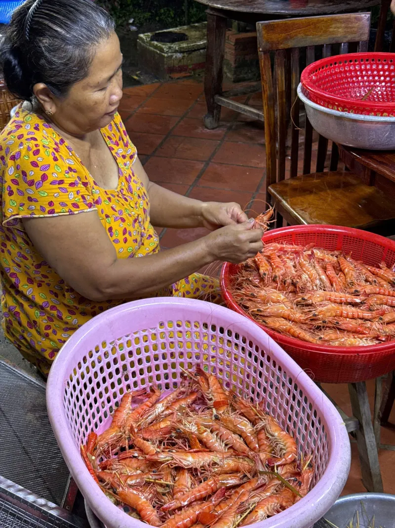 Cô Ba ngồi làm sạch từng con tôm sú ngoài sân